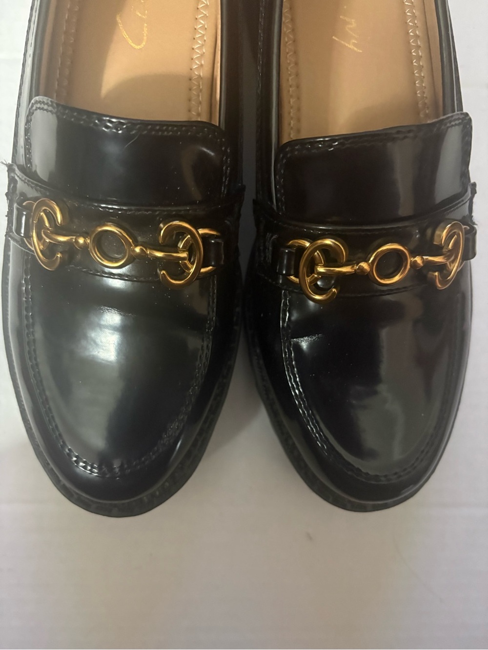 Circus NY by Sam Edelman Women Sz 6.5 Black Patent Loafer with Gold Chain Accent - Picture 5 of 9